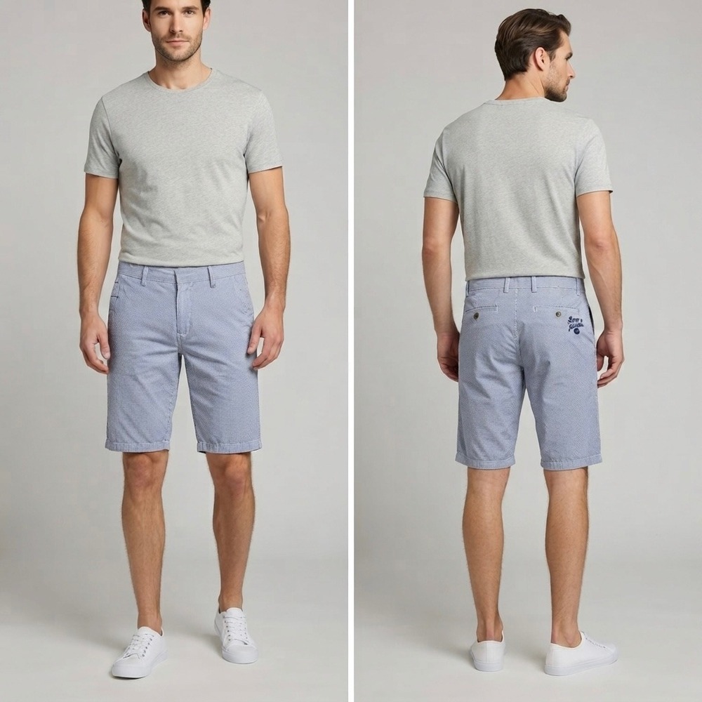 Lerros Mens Camp Bermuda Shorts Blue White Micro Pattern Cotton Size 32 NWT